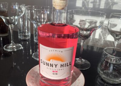 Pink Sunny Hill Gin with wine glasses.