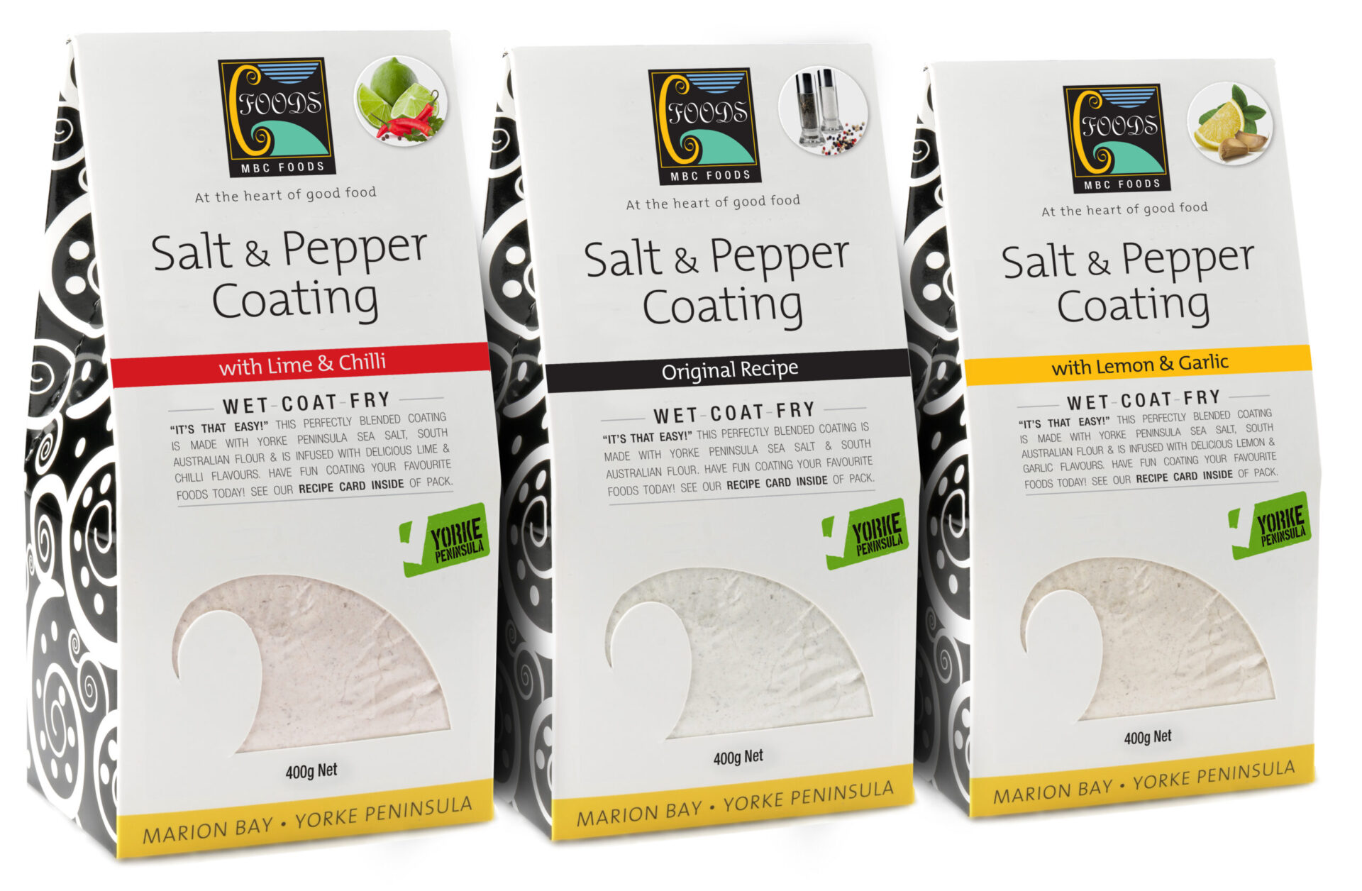Three different varieties of the Salt & Pepper Coating by MBC Foods.