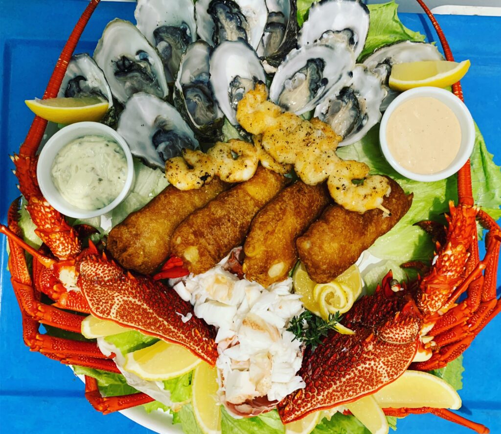 Seafood Platter on blue background.