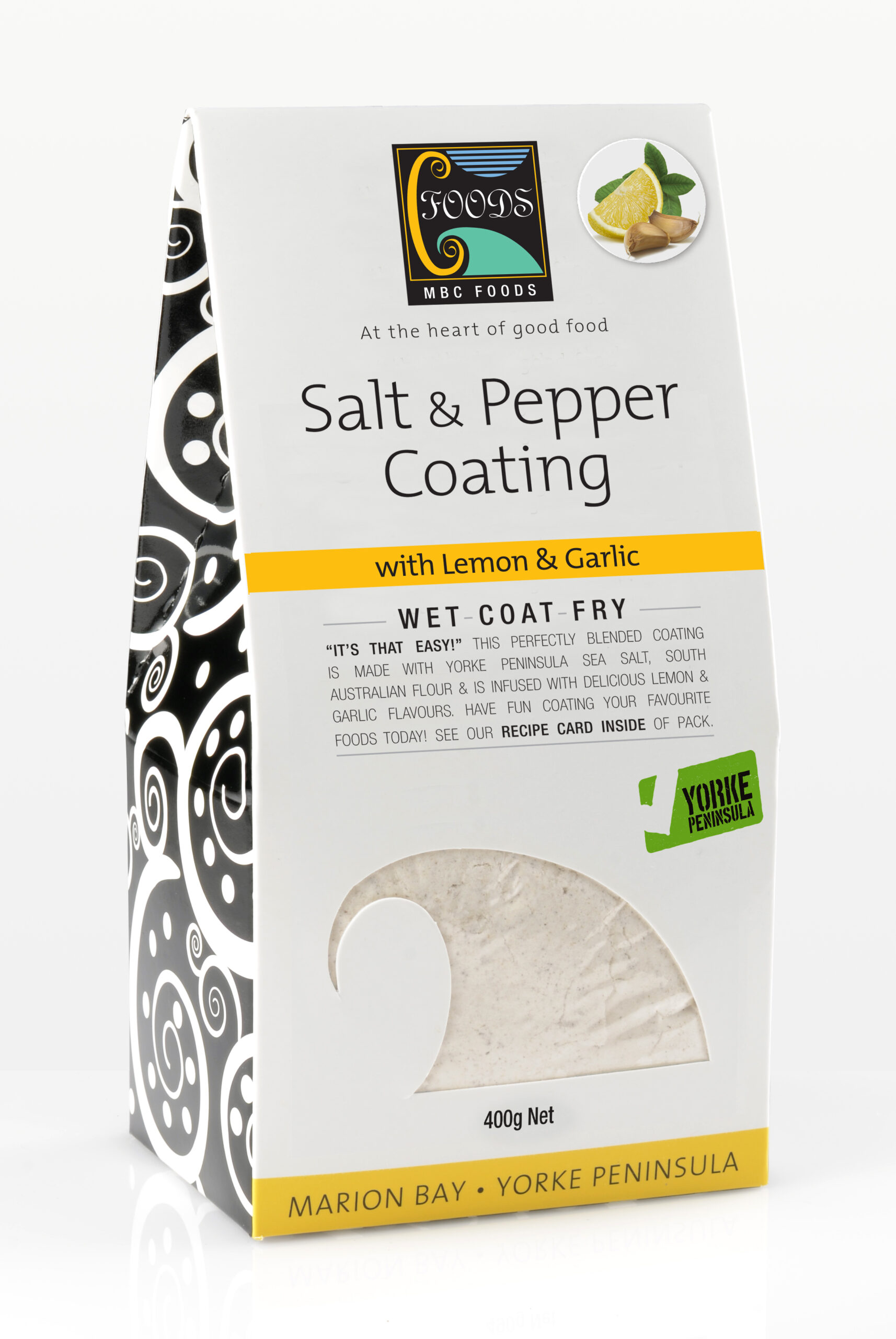 Packet of MBC Foods Salt & Pepper Coating with Lemon & Garlic viewed on angle.