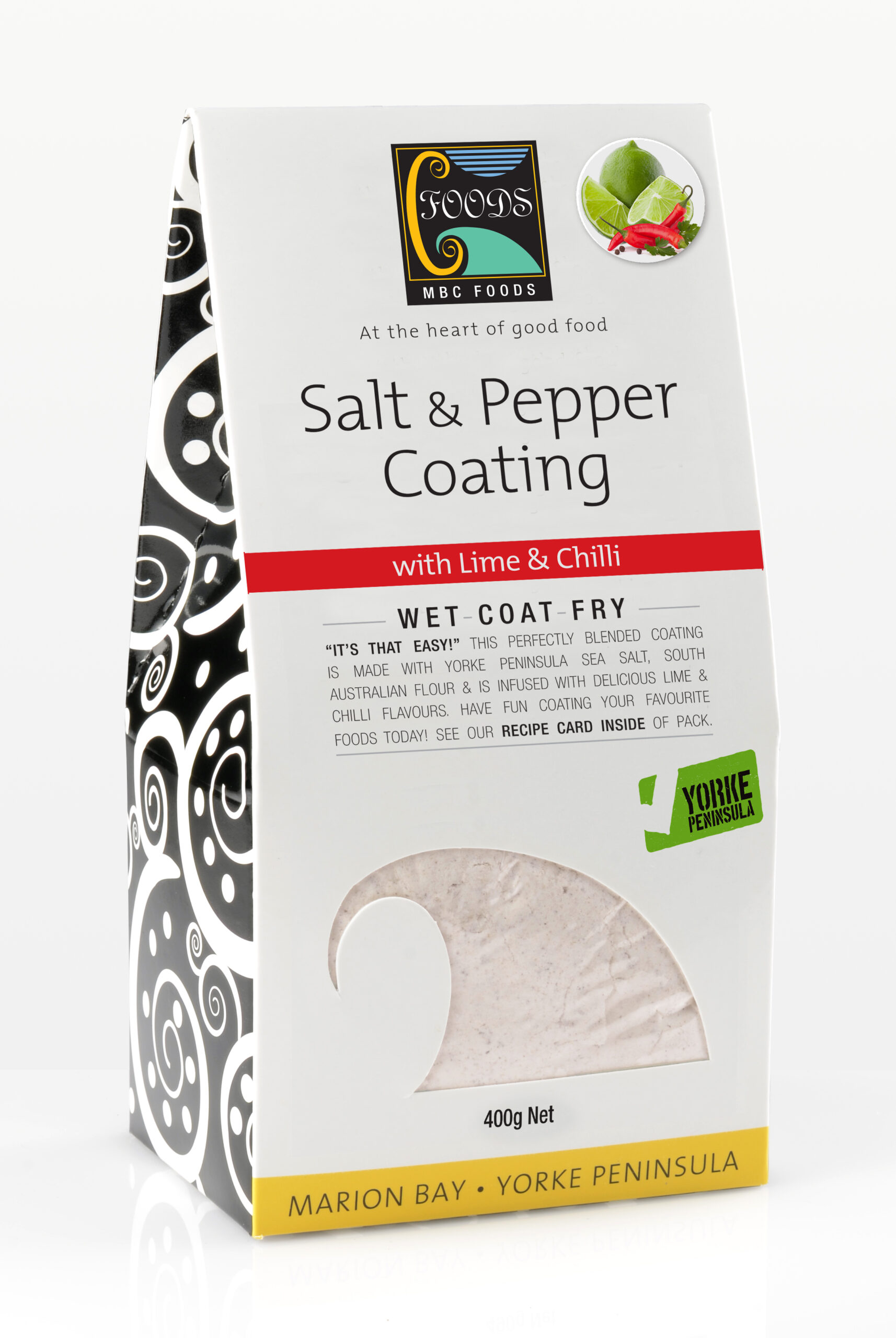 Packet of MBC Foods Salt & Pepper Coating Lime & Chilli viewed on an angle
